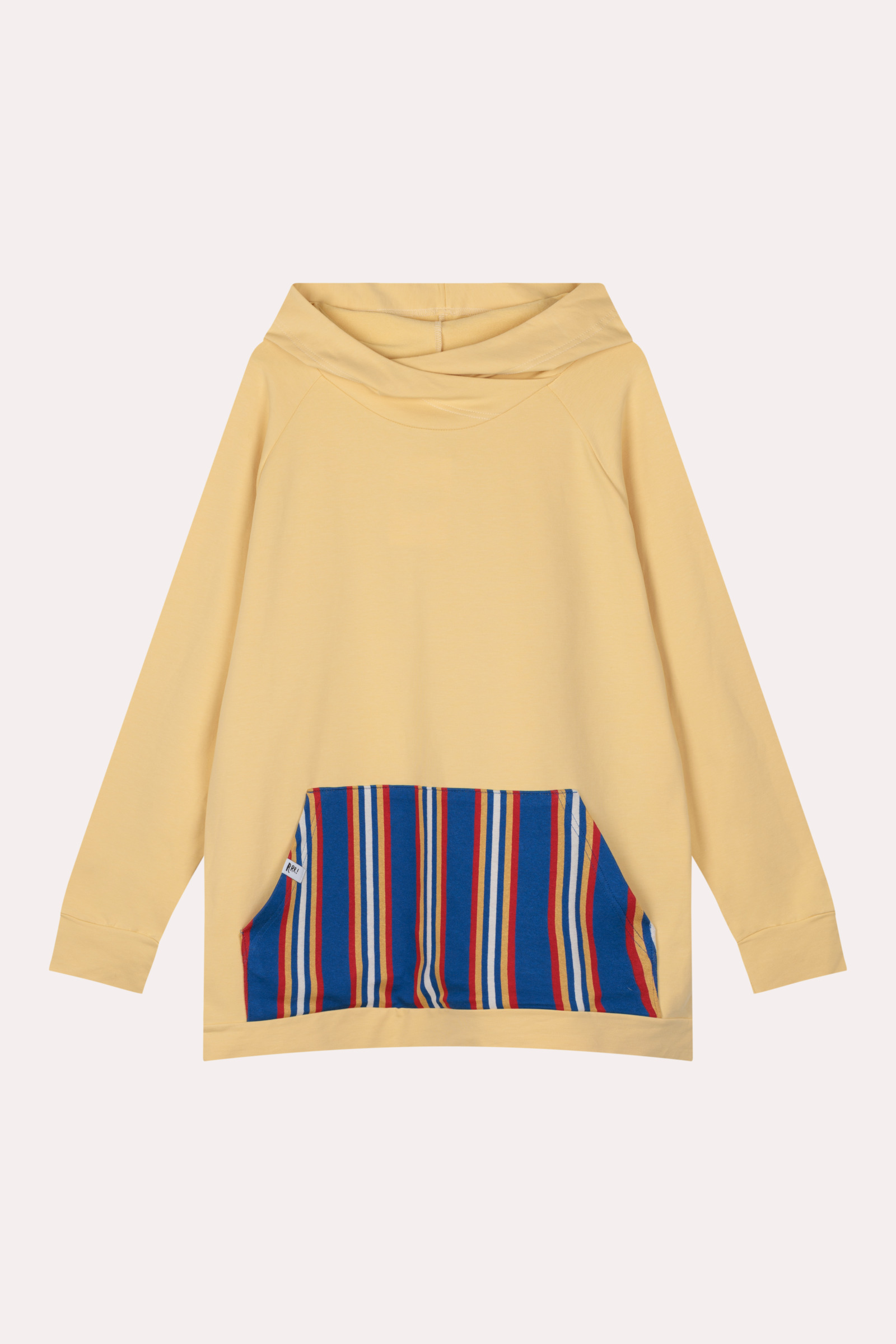 Sudadera amarilla alargada con capucha y bolsillo de canguro a rayas para mujer