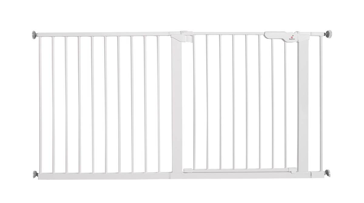 Baby Dan - Barrera de seguridad Premier + 2 extensiones 7 cm + panel 64,5 cm + 1 extensión 14 cm, blanco