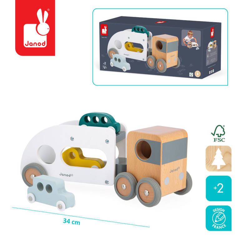 Janod - Grúa con 3 vehículos, Bolid de madera 2+